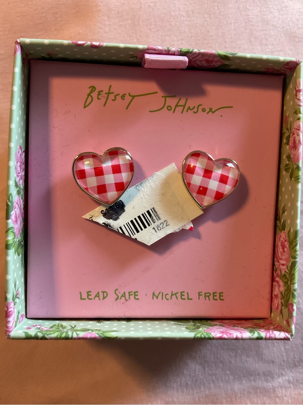Betsey Johnson Pink and White Gingham Heart Stud Earrings NWT